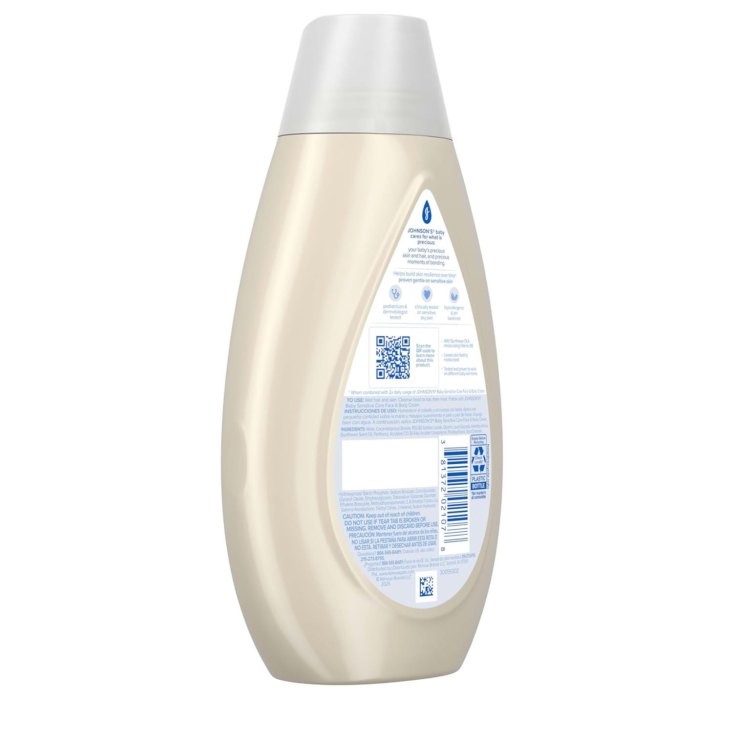Johnsons Sensitive Care Wash and Shampoo 13.6oz bottle lightly scented