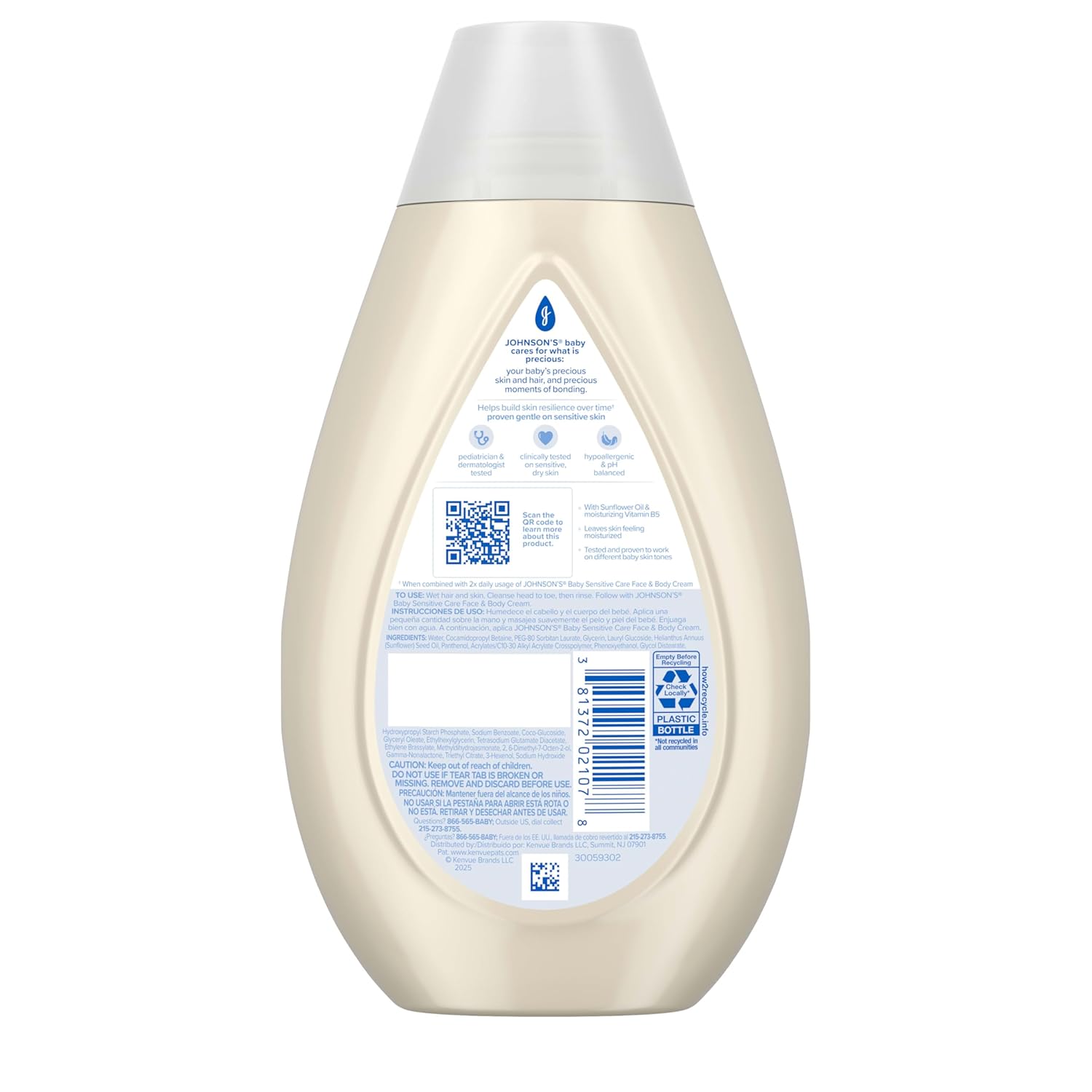 Johnsons Sensitive Care Wash & Shampoo 13.6oz bottle for baby skin and hair