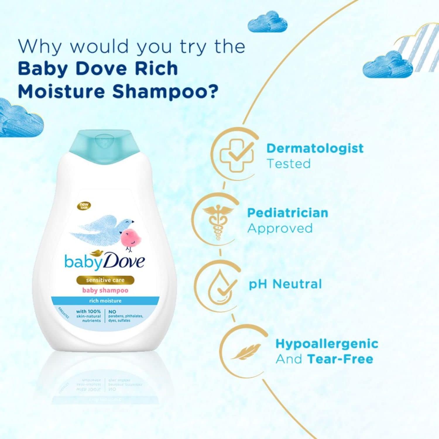 Baby Dove Rich Moisture Shampoo, white bottle with turquoise cap