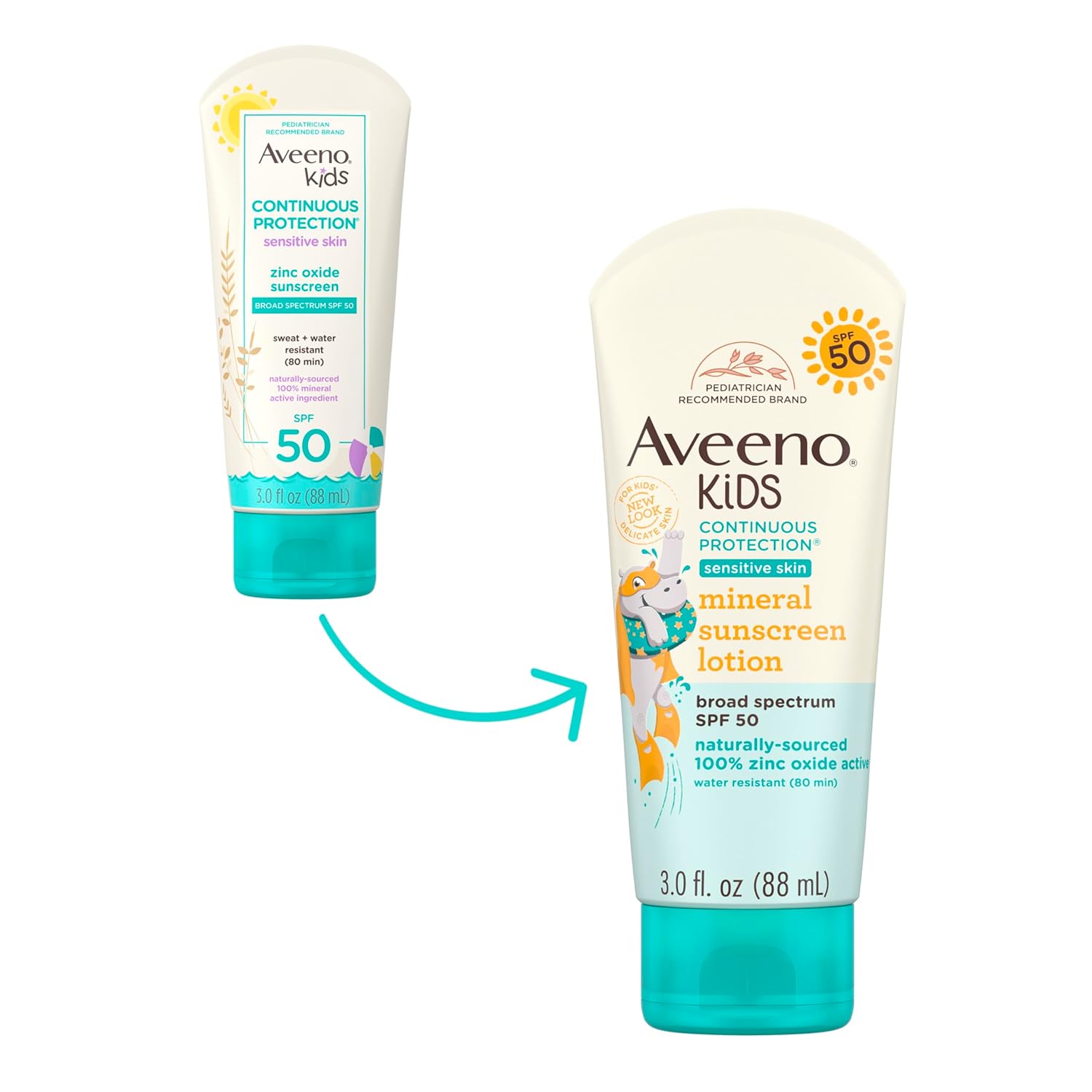 Aveeno Kids Continuous Protection mineral sunscreen lotion SPF 50, 88ml tube with turquoise cap