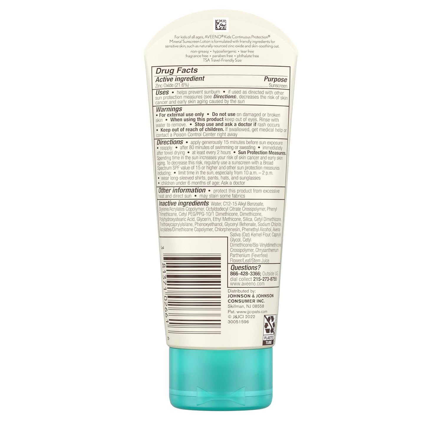 Aveeno Kids Continuous Protection SPF 50 mineral sunscreen lotion bottle with turquoise cap