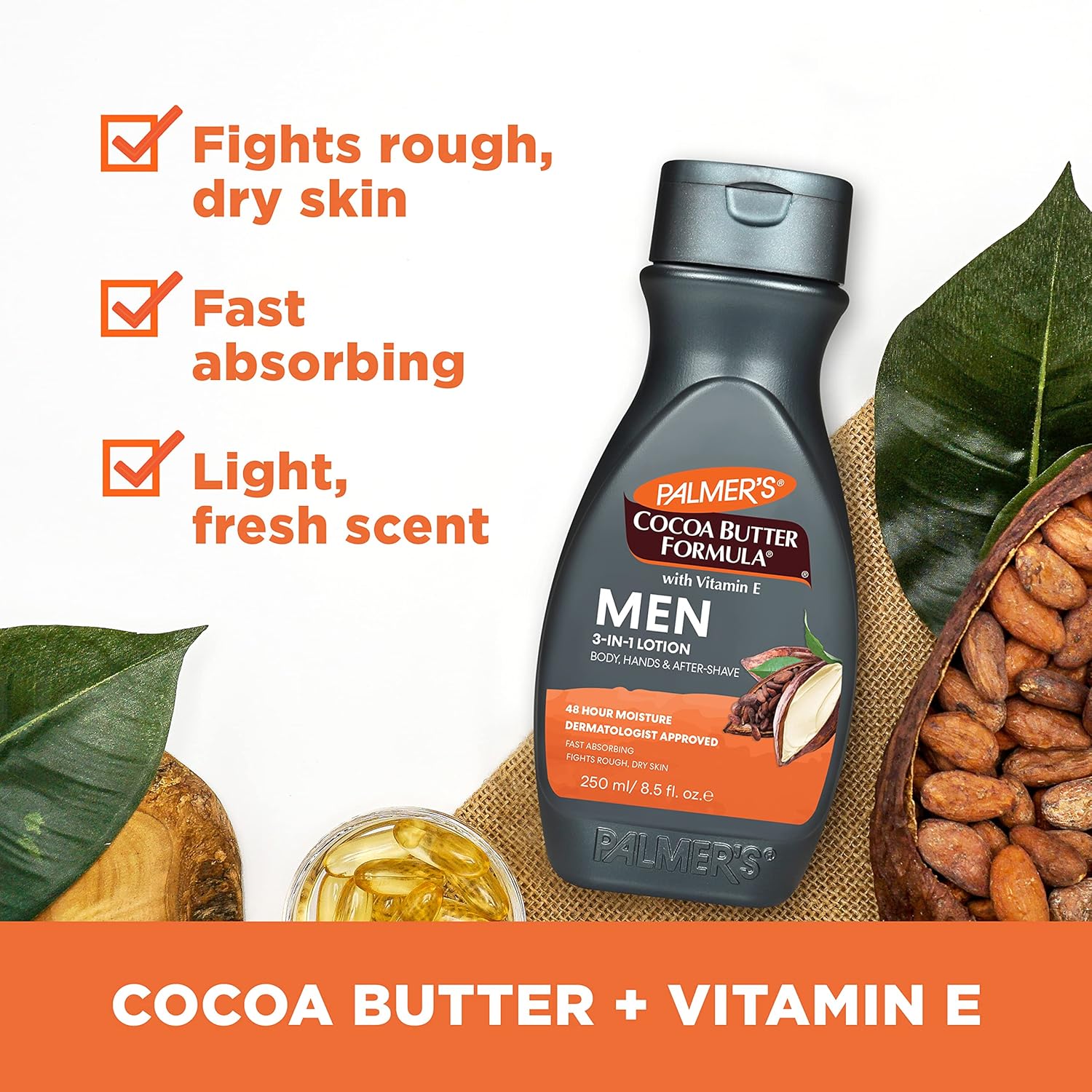 Palmers Cocoa Butter Formula Men 3-in-1 Lotion 250ml black bottle with orange label