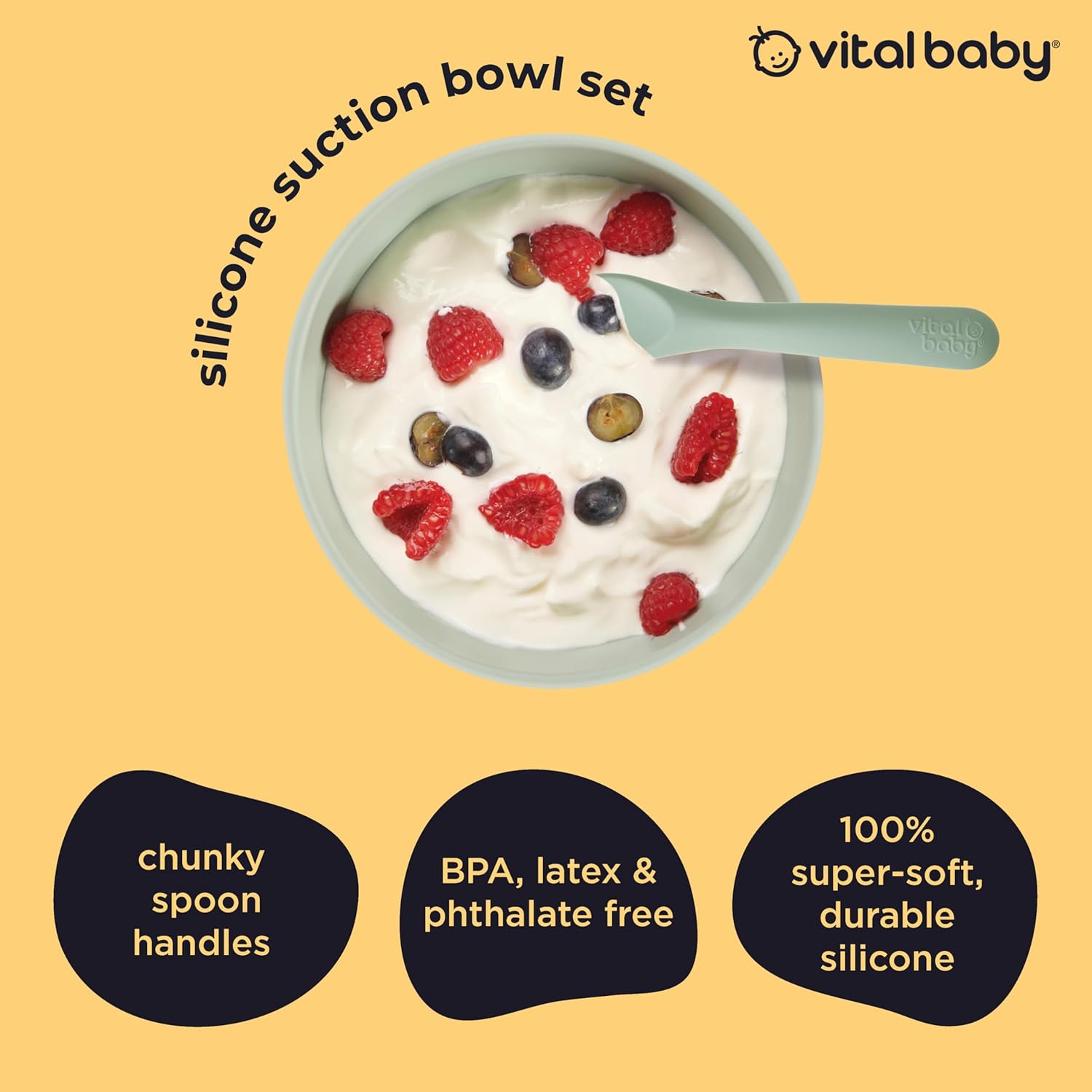 Vital Baby Nourish sage green silicone suction bowls with spoon, four pack