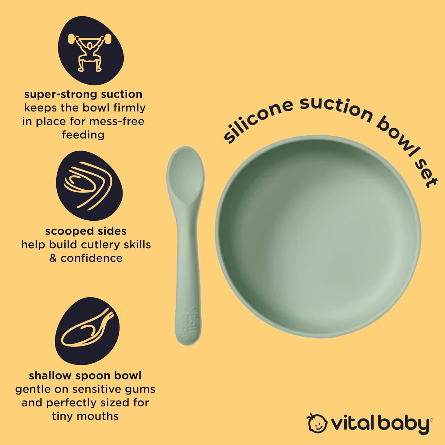 Vital Baby Nourish sage green silicone suction bowl and spoon set 4 pack