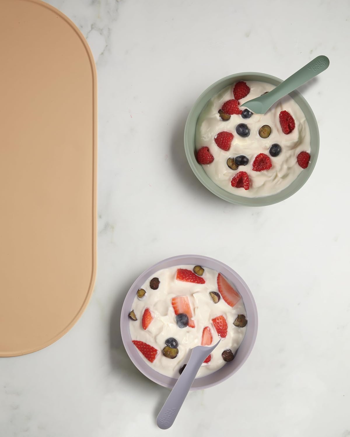 Vital Baby Nourish Scoop feeding bowls four pack, sage green and lavender with spoons