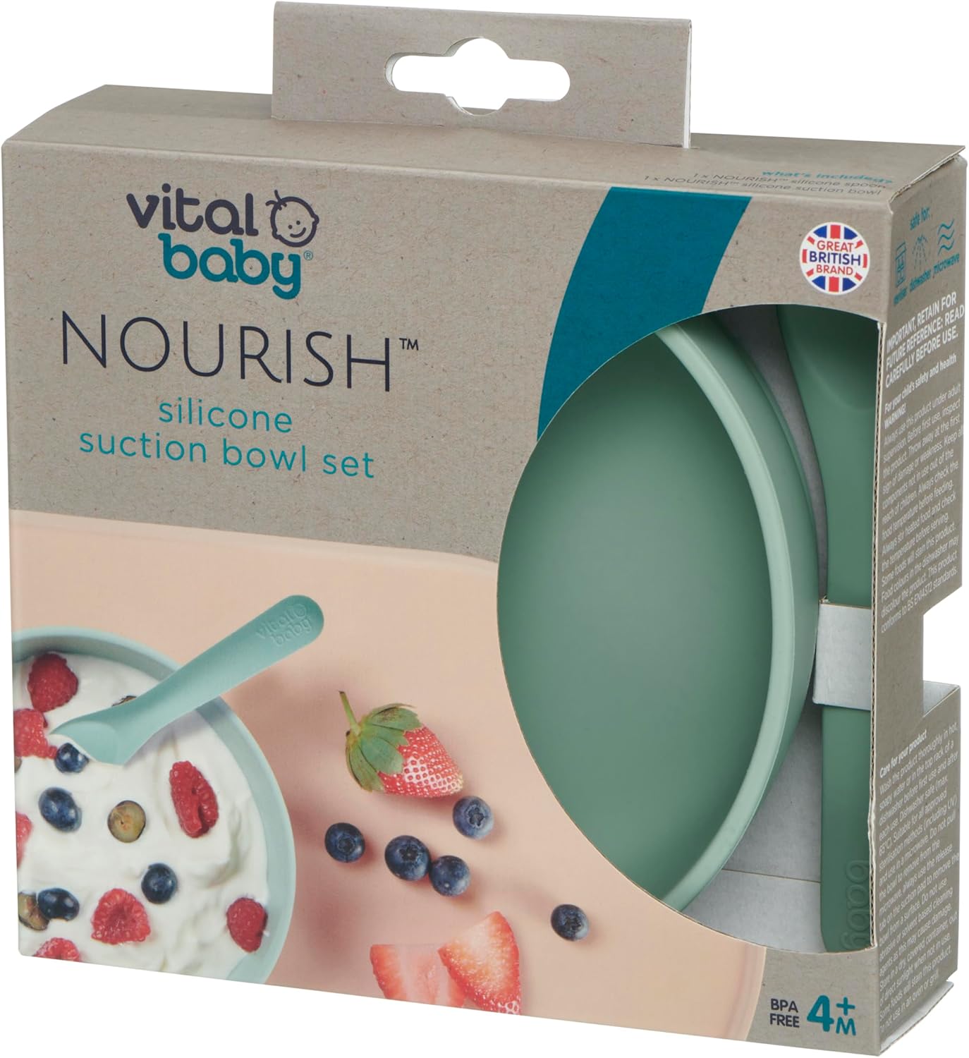 Vital Baby Nourish green silicone suction bowl set, 4 months plus