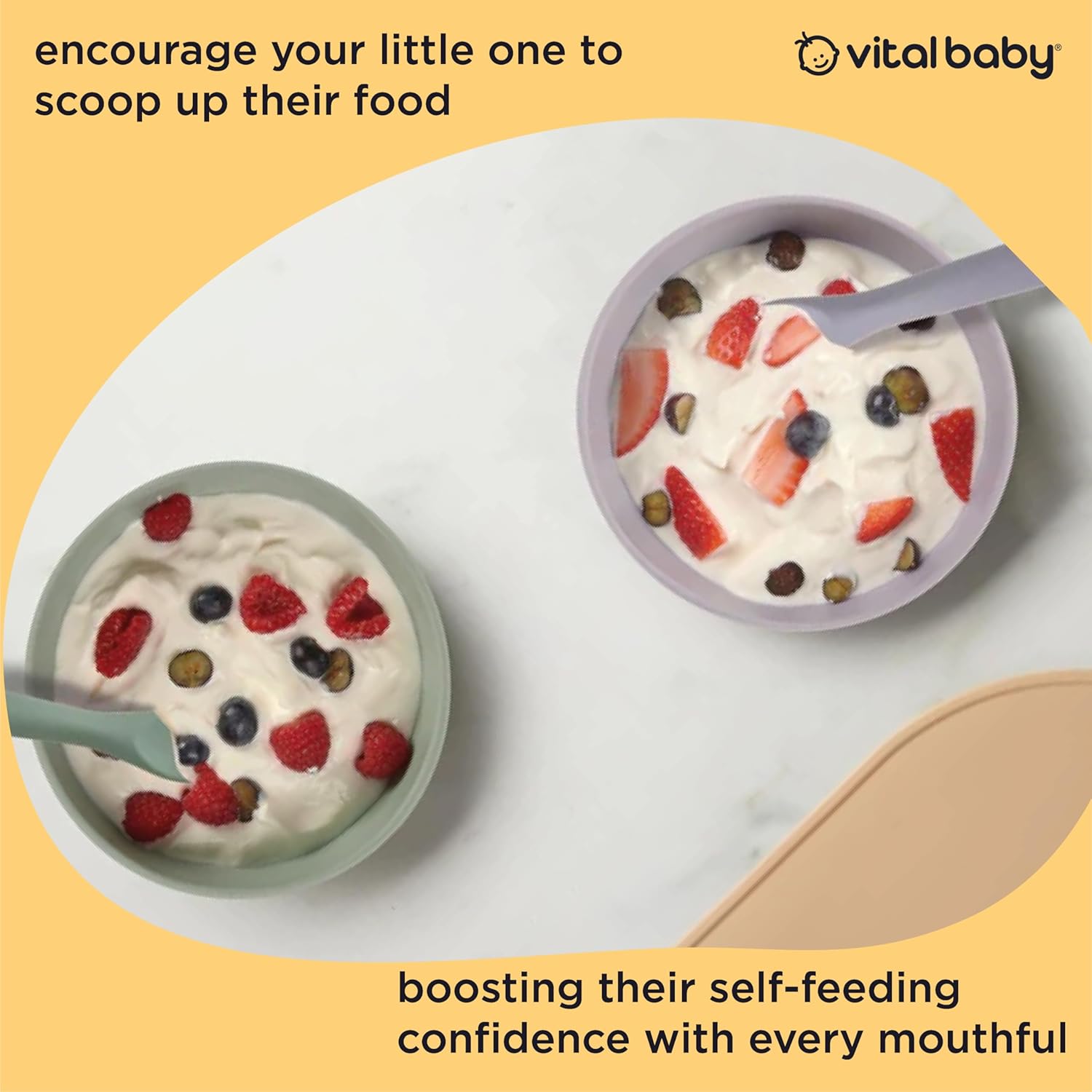 Vital Baby Nourish Scoop Feeding Bowls four pack in sage and lilac with spoons