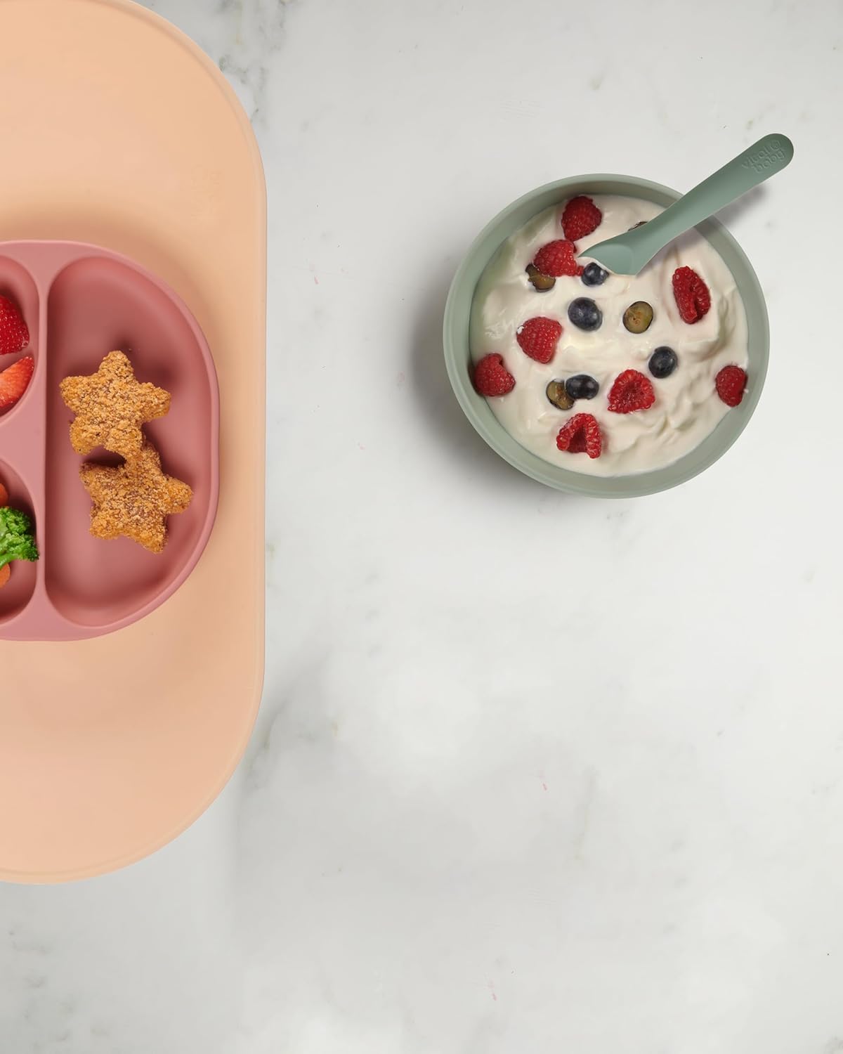 Vital Baby Nourish Scoop feeding bowls in pink and sage green, four pack