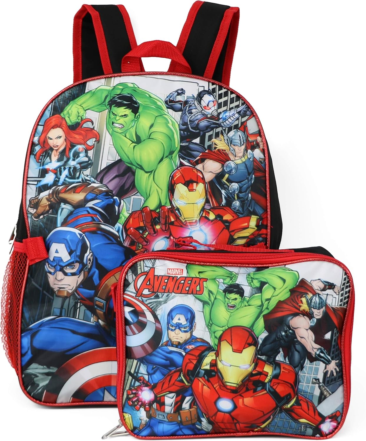 Marvel Avengers Team red and black action backpack with lunch box