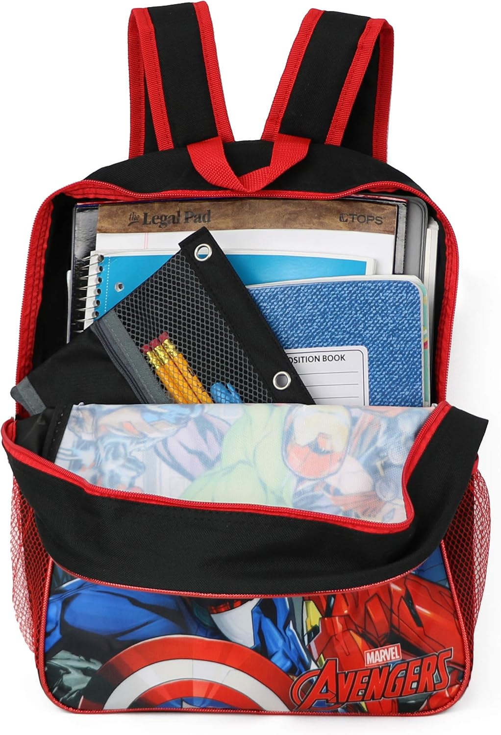Marvel Avengers Team Action backpack, red and black with multiple compartments