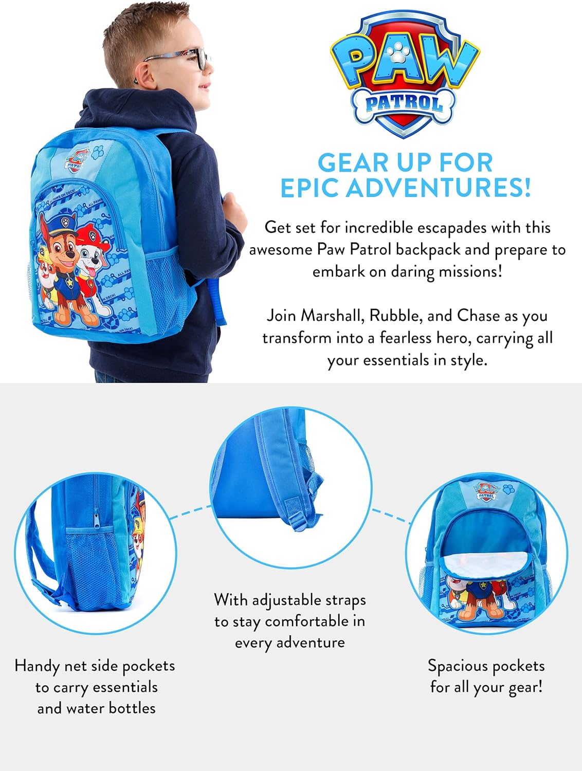 Paw Patrol blue children's backpack with character graphics and adjustable straps