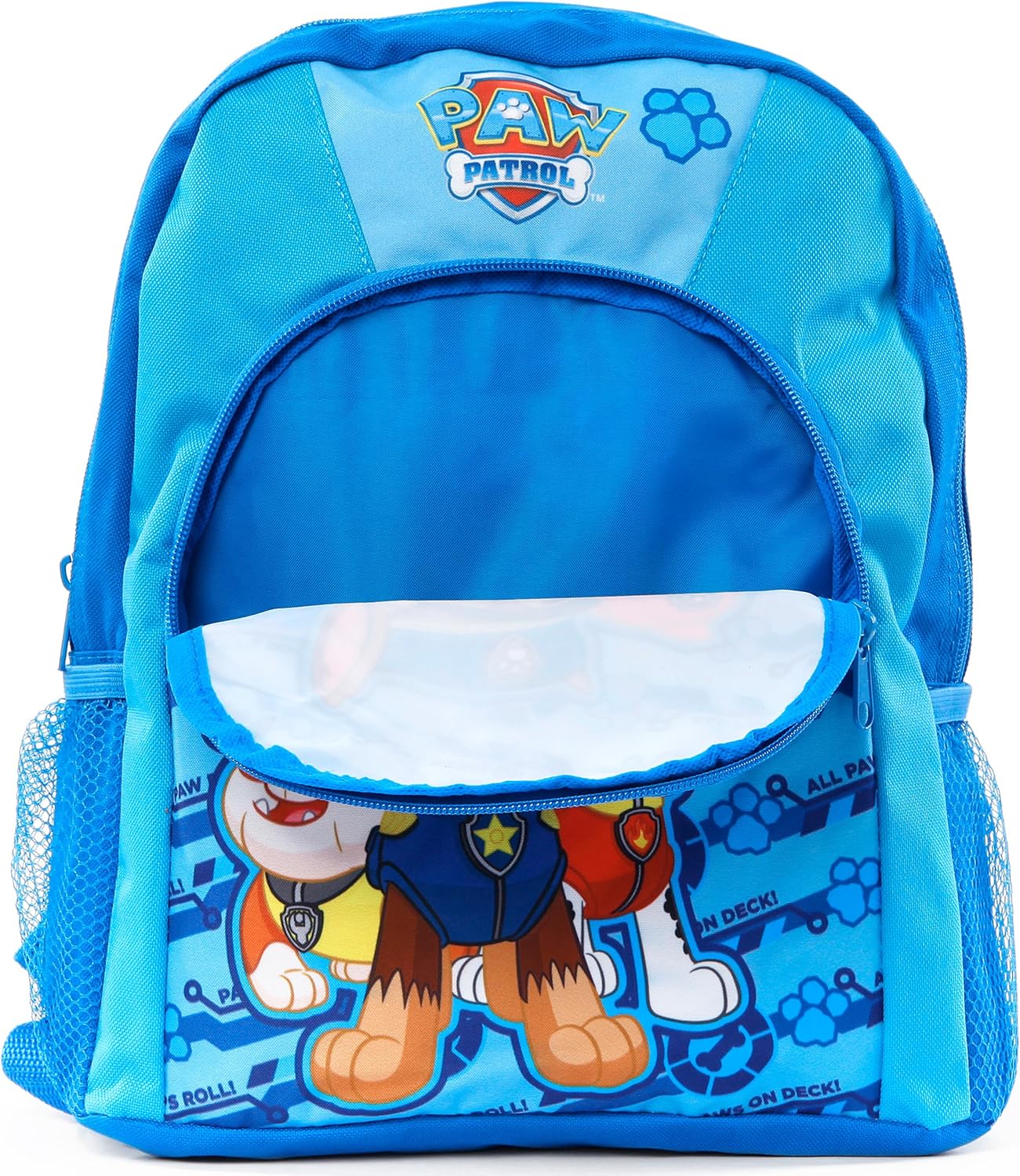 Paw Patrol blue children's backpack with character design and mesh pockets