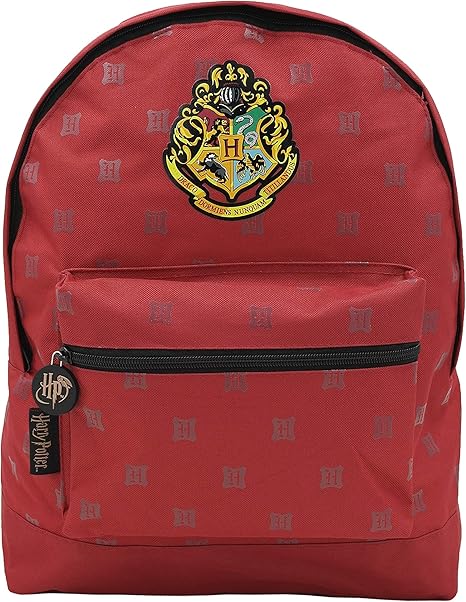 Harry Potter Roxy red backpack with Hogwarts crest patch and patterned design