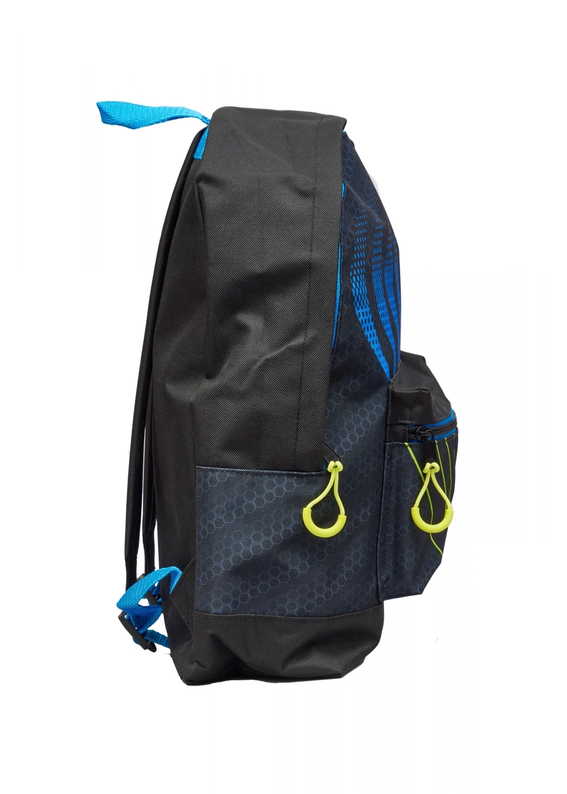 Patrick large backpack in black and navy with blue straps and yellow clips
