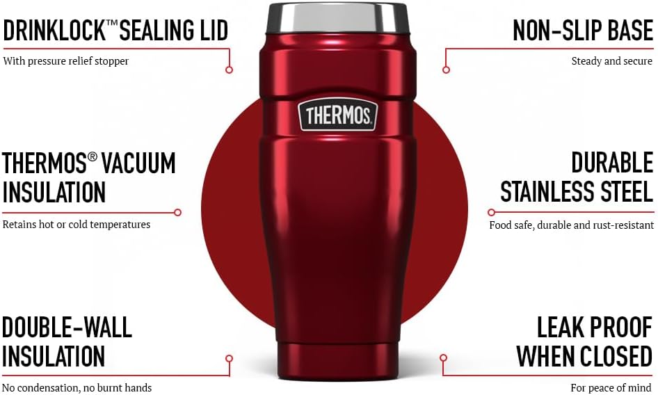 Thermos King red stainless steel insulated tumbler 470ml with sealing lid