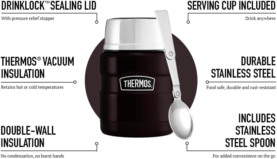 Thermos Stainless King matte black food flask 470ml with serving cup