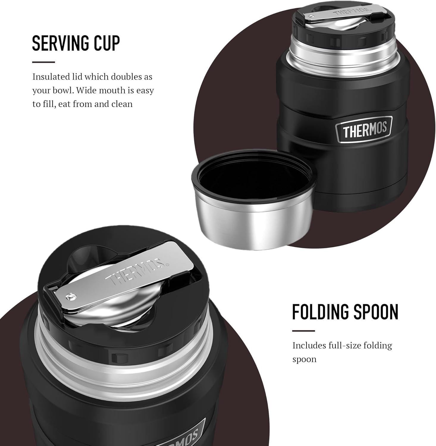 Thermos Stainless King matte black food flask 470ml with serving cup and folding spoon