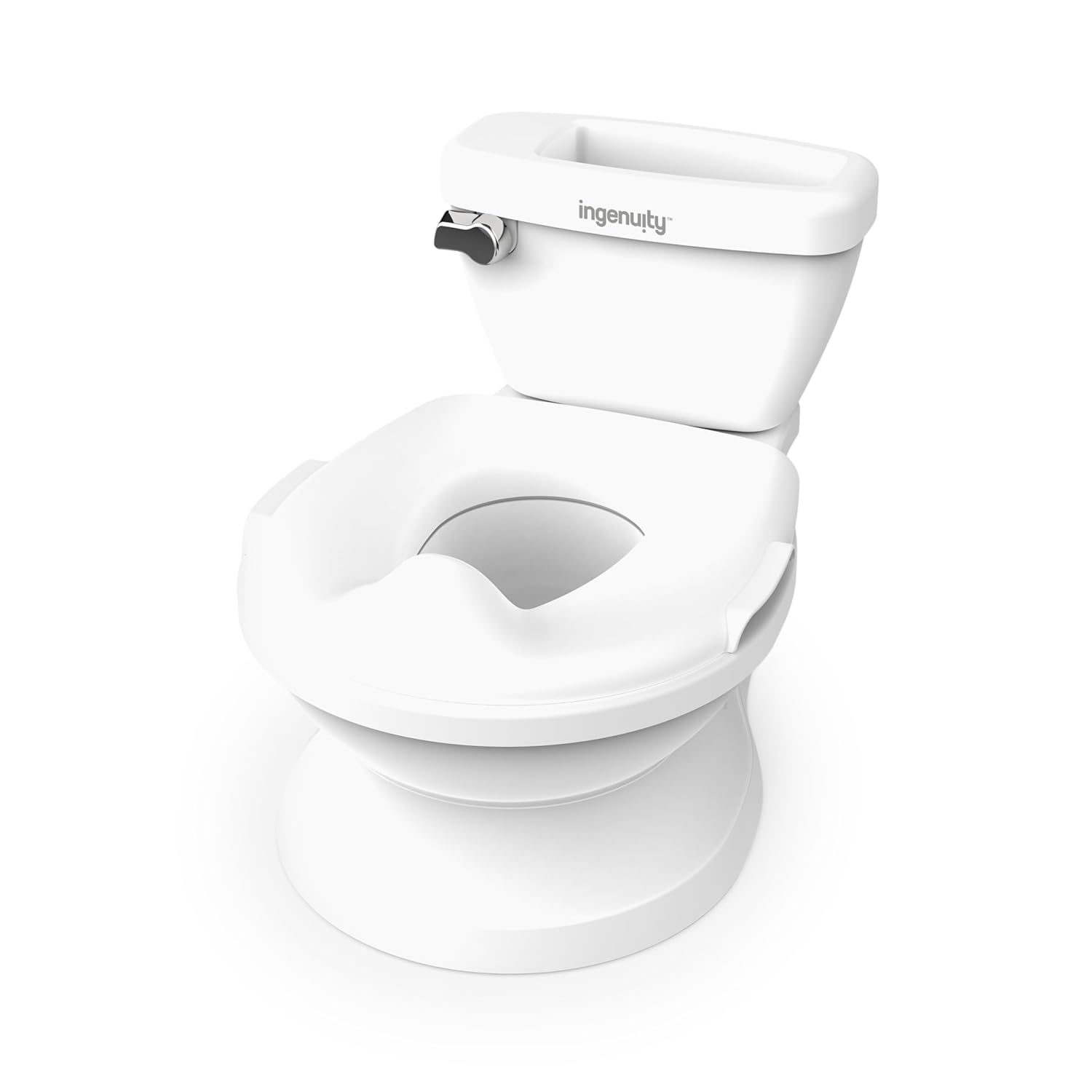 Ingenuity white child-sized potty training toilet with flushing handle