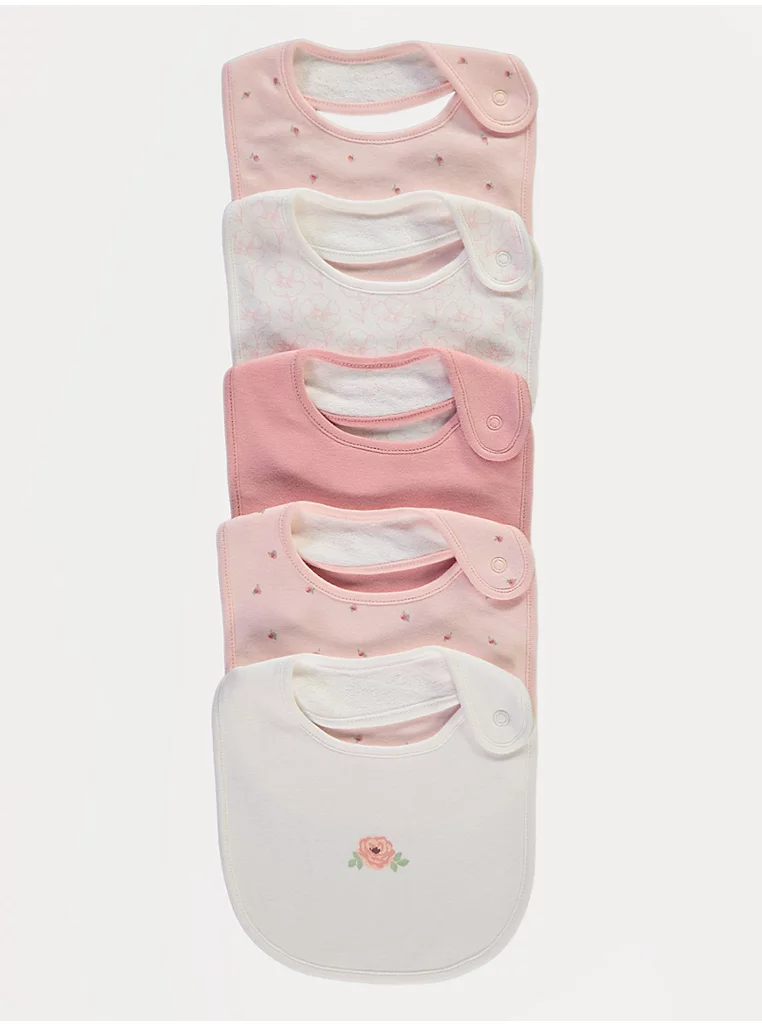 George baby girls five pack bibs multicoloured pink and white with patterns