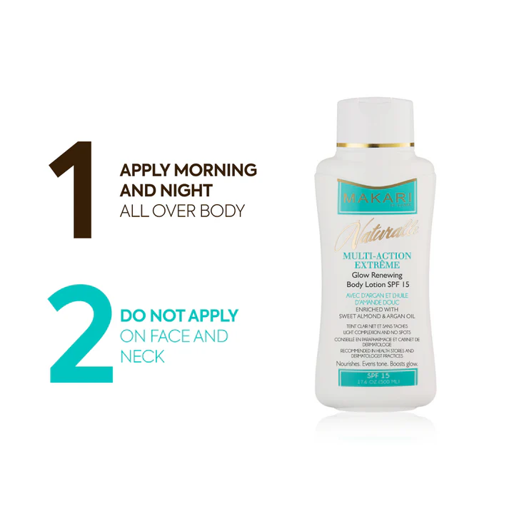 Makari Naturalle Multi-Action Extreme Glow Renewing Body Lotion 500ml bottle with turquoise label