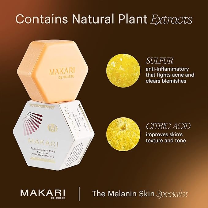 Makari Clear Acnyl Sulfur Soap 50g pale yellow bar with packaging