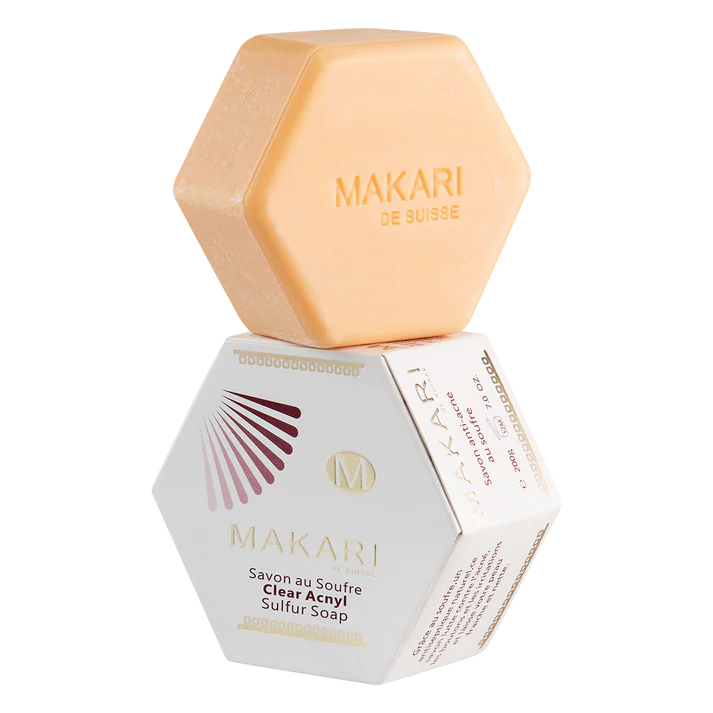 Makari Clear Acnyl Sulfur Soap 50g cream coloured bar with packaging
