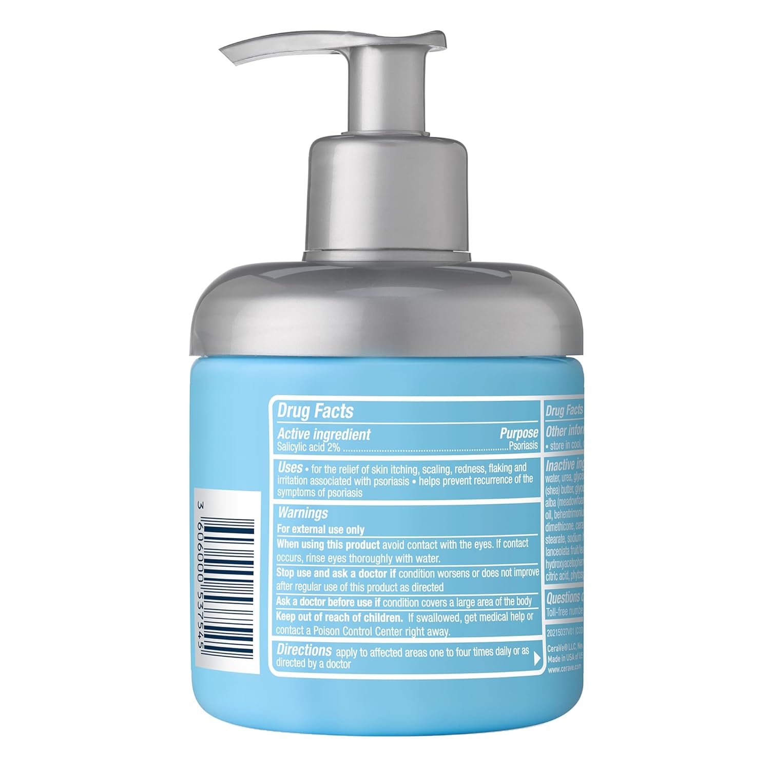 CeraVe Psoriasis Cleanser with 2% Salicylic Acid pump bottle, light blue container