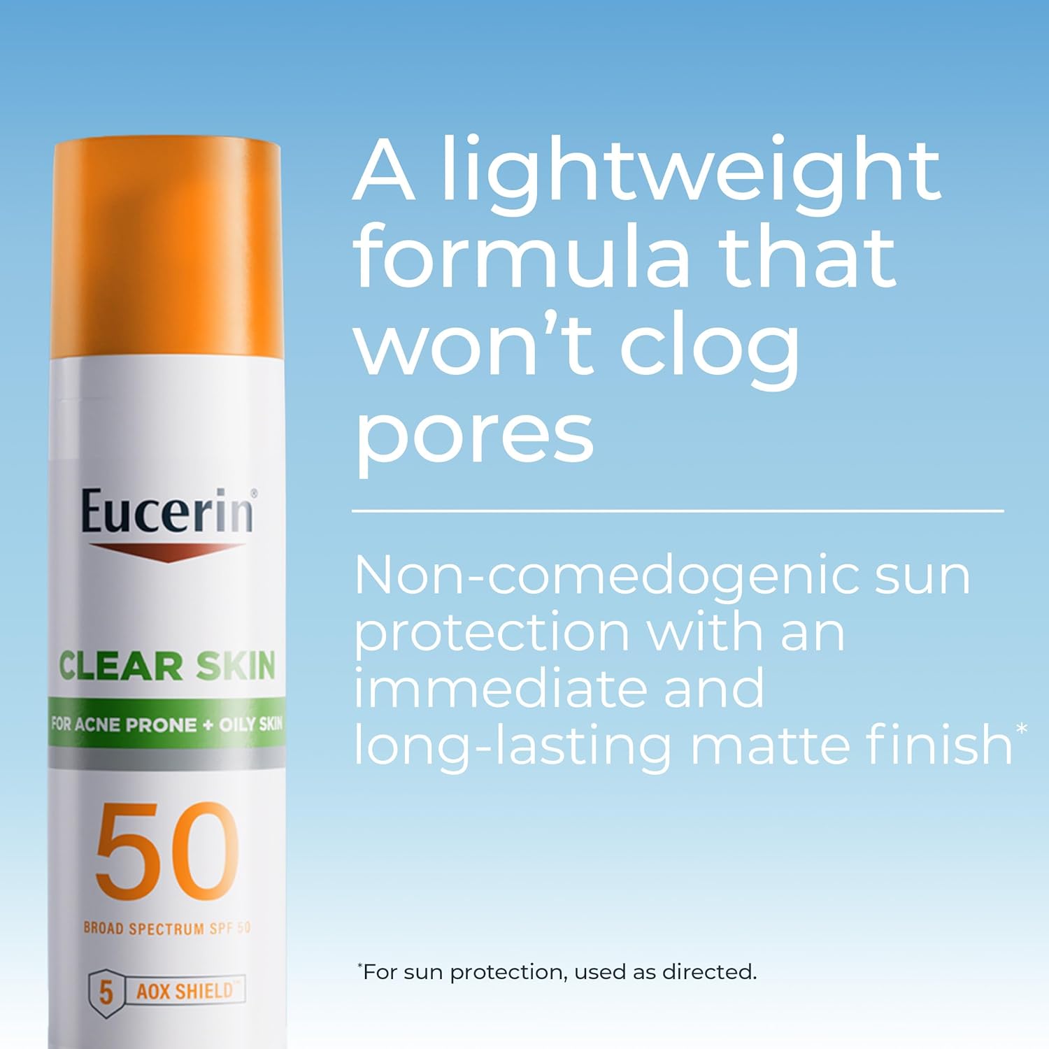 Eucerin Clear Skin SPF 50 face sunscreen lotion bottle with orange and white label