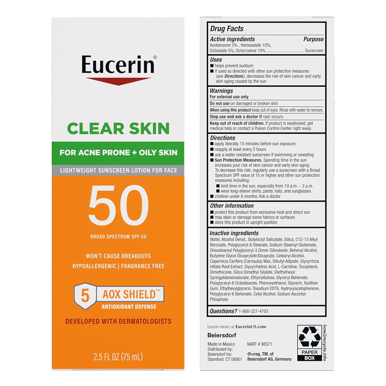 Eucerin Clear Skin SPF 50 lightweight sunscreen lotion for face, 2.5 fl oz bottle