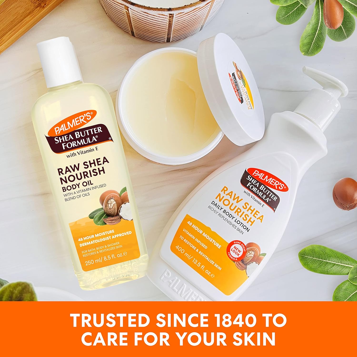 Palmer's Raw Shea Nourish Body Oil with Vitamin E, 250ml bottle and lotion