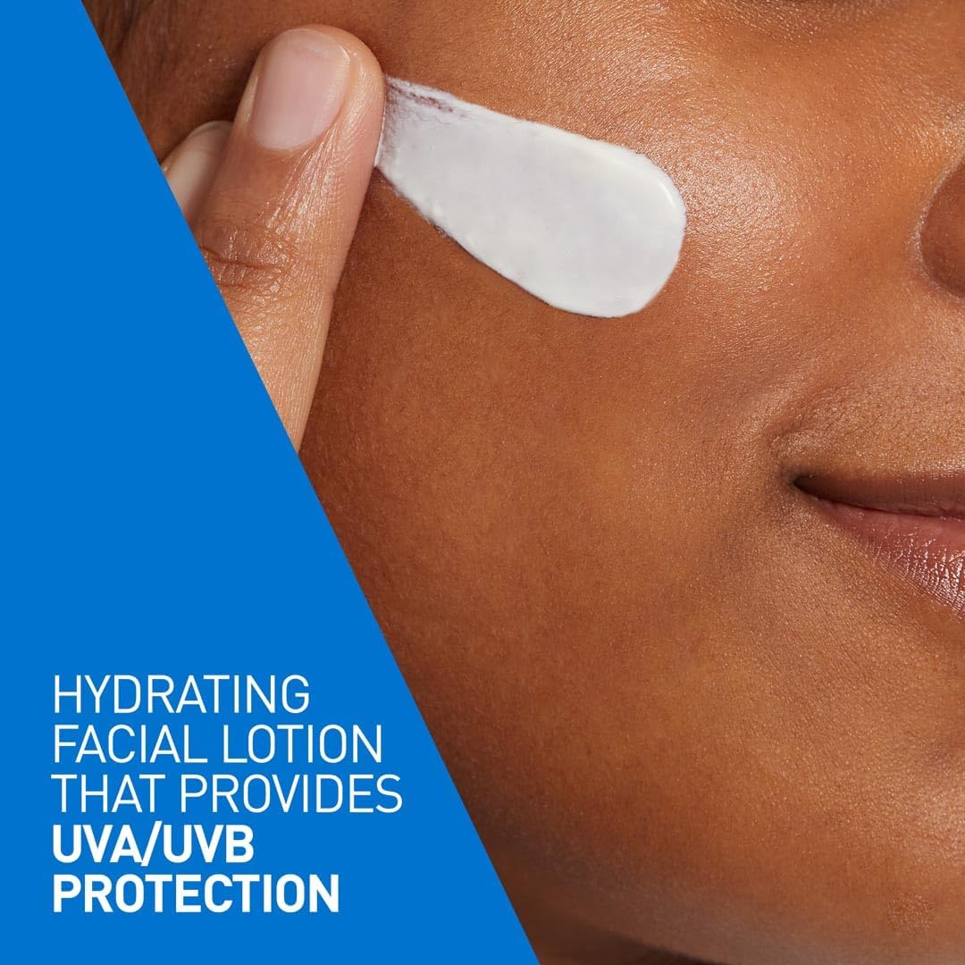 CeraVe AM facial moisturising lotion 52ml with SPF displayed on skin