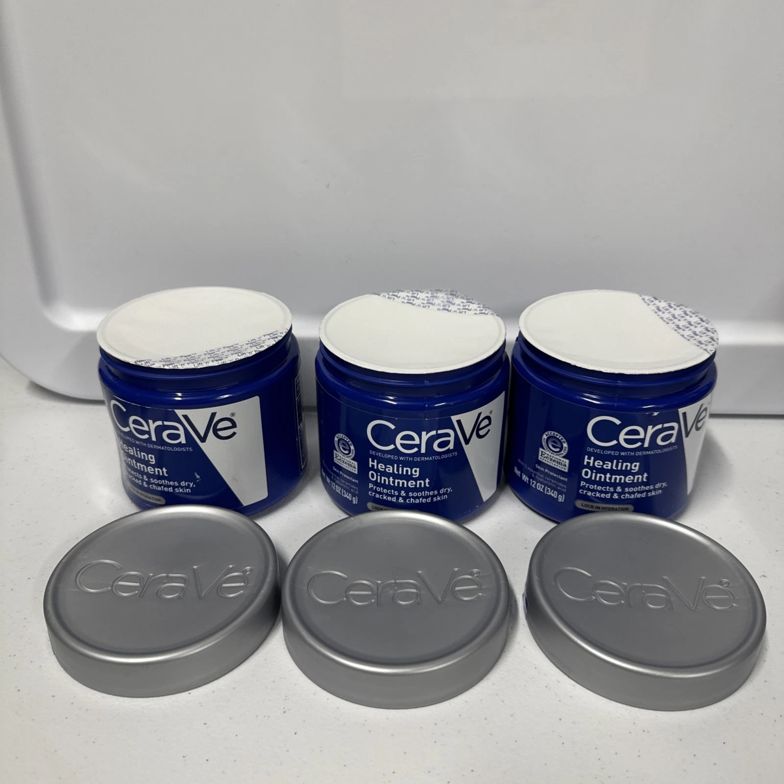 CeraVe Healing Ointment, three blue jars with grey lids, 340g each