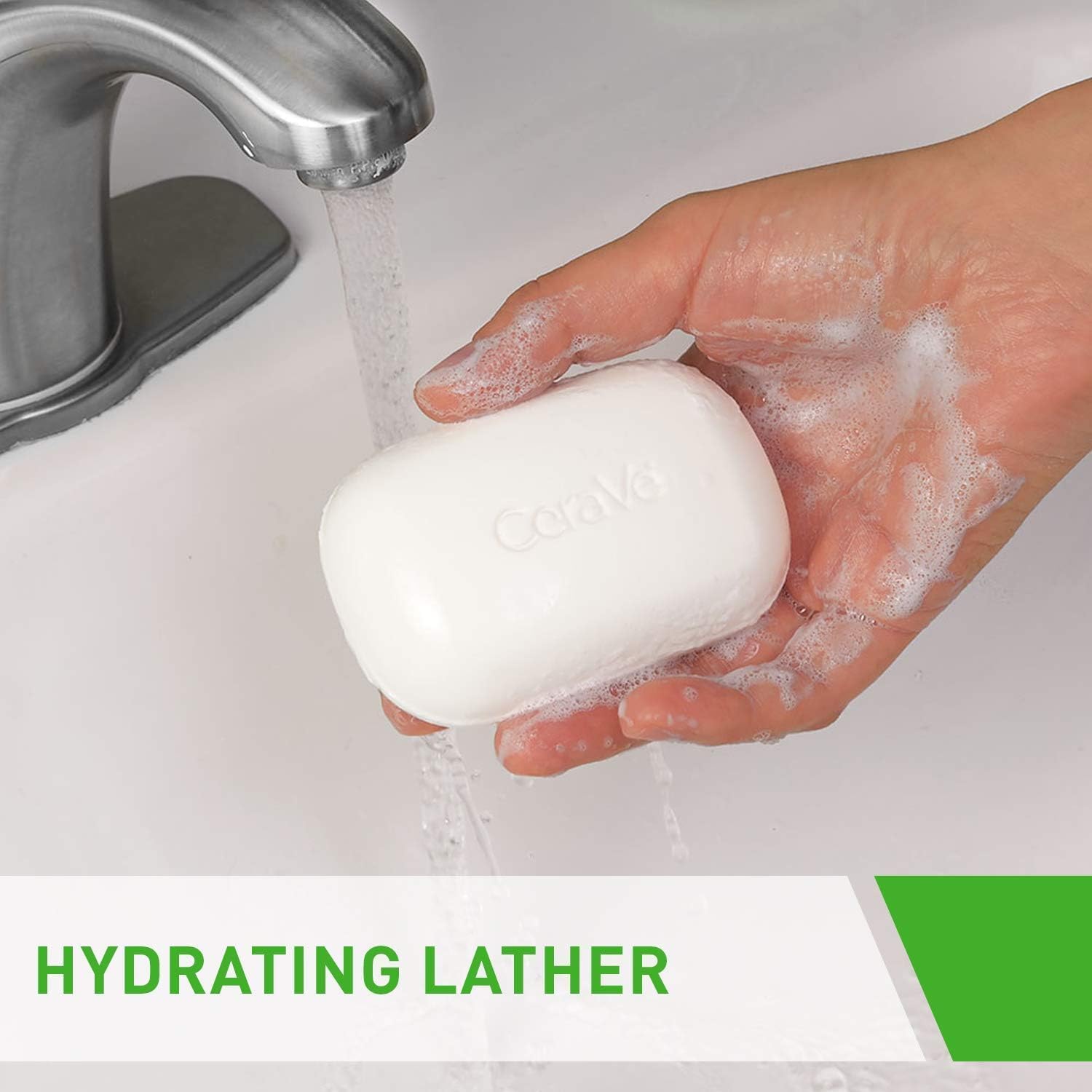 CeraVe Hydrating Cleanser Bar white soap bar in hand under running water