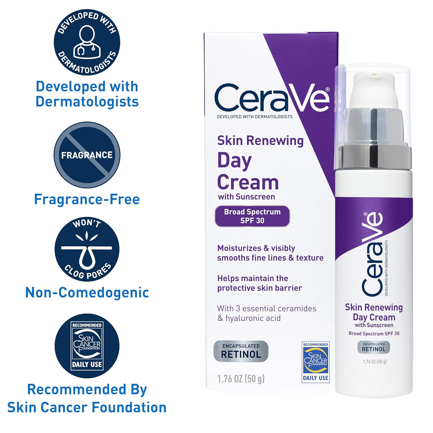 CeraVe Skin Renewing Day Cream with Broad Spectrum SPF 30 sunscreen, 50g pump bottle
