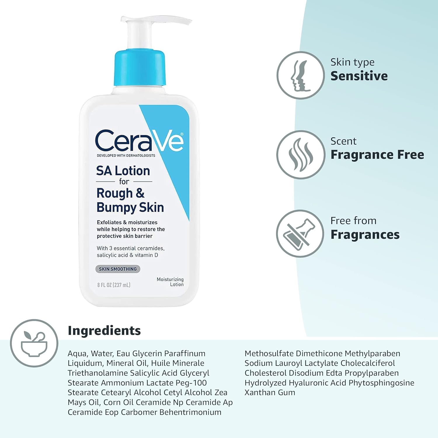 CeraVe SA Lotion for Rough and Bumpy Skin 237ml pump bottle blue and white