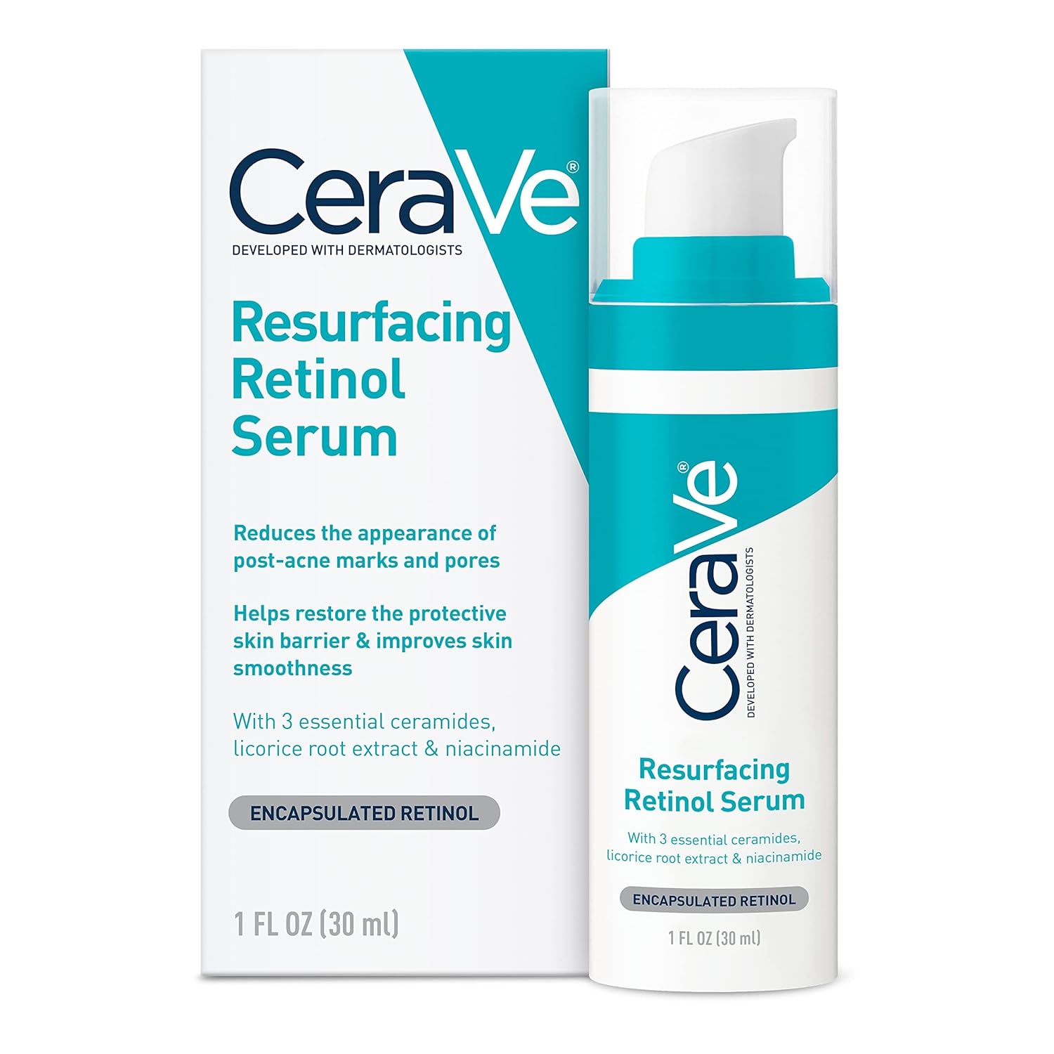 CeraVe Resurfacing Retinol Serum 30ml turquoise pump bottle and box