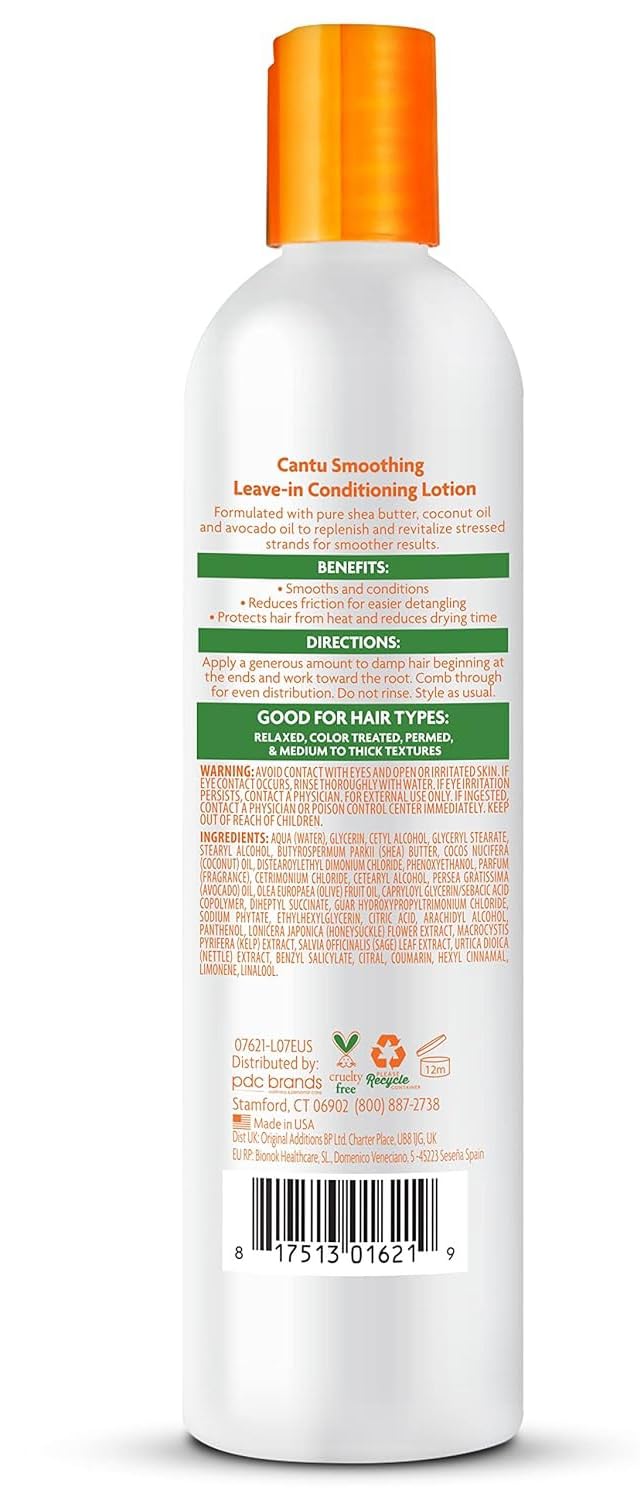 Cantu Shea Butter Smoothing Leave-In Conditioning Lotion white bottle with orange cap
