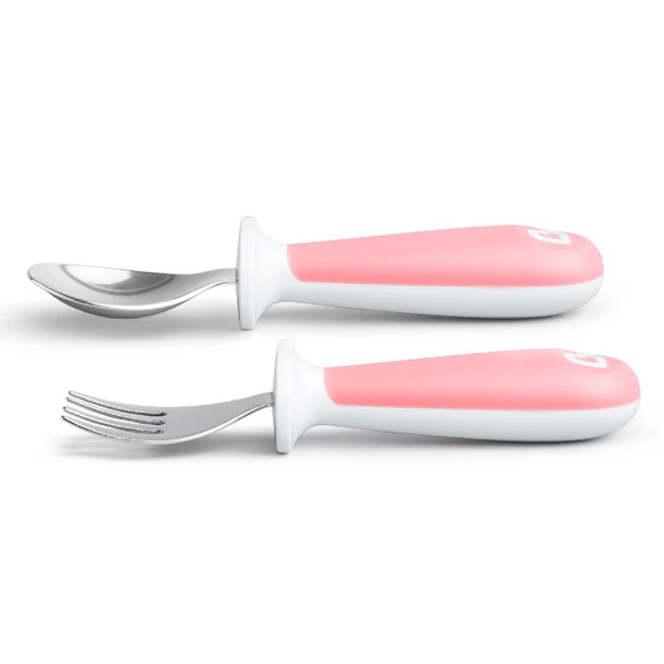 Munchkin Raise toddler fork and spoon set, pink and white, 12 months plus