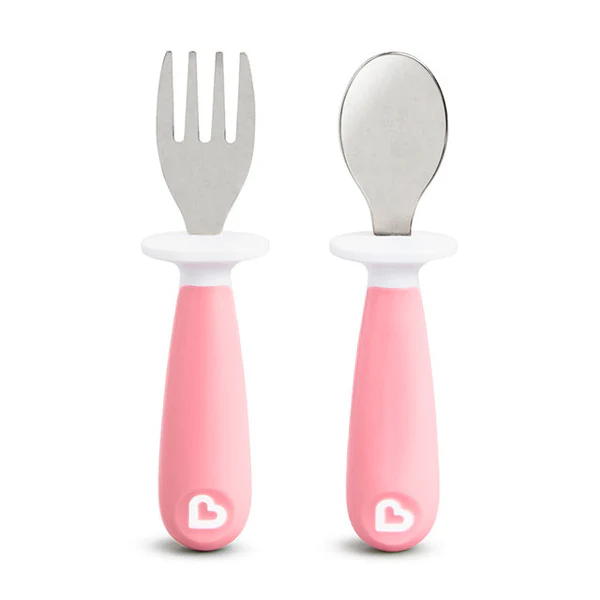 Munchkin Raise toddler fork and spoon set, pink handles, 12 months plus
