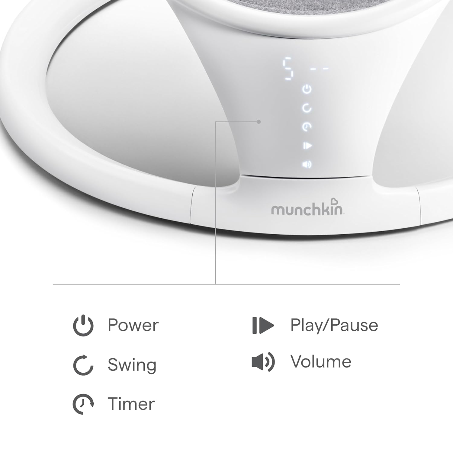 Munchkin white Bluetooth-enabled baby swing with control panel and grey fabric seat