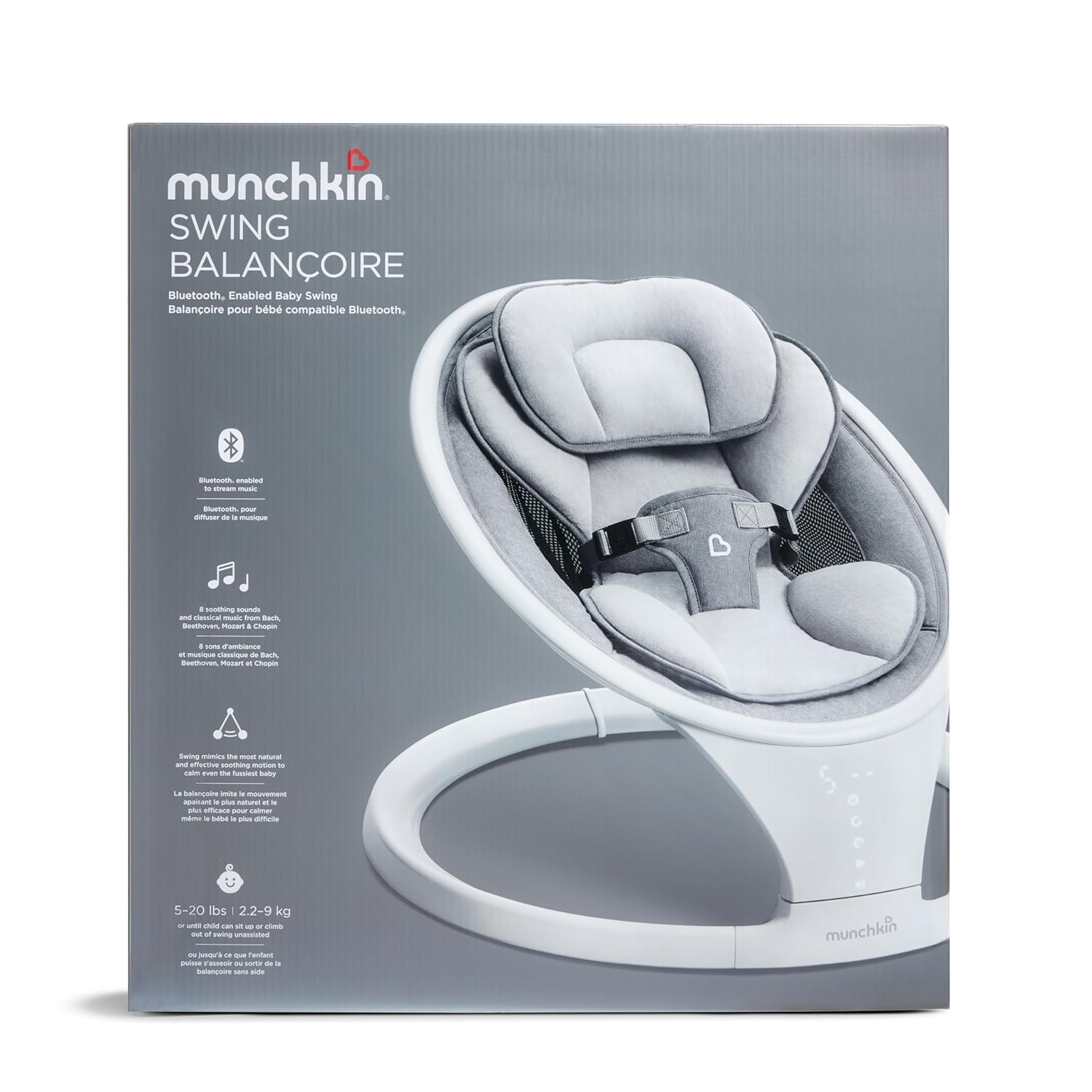 Munchkin Bluetooth enabled baby swing grey and white for 5-20 lbs