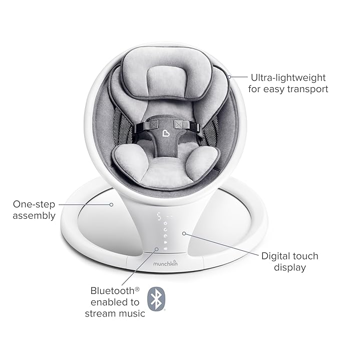 Munchkin Bluetooth enabled baby swing for 5-20 lbs with digital touch display