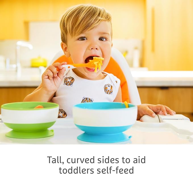 Munchkin Stay Put Suction Bowls three-pack with green, blue and white bowls