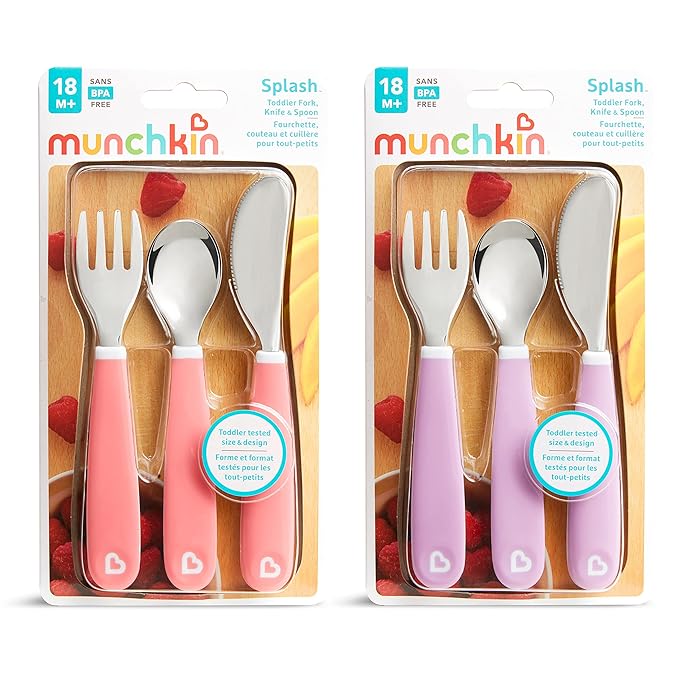 Munchkin Splash toddler cutlery set with pink and purple handles, three-piece pack 18M+
