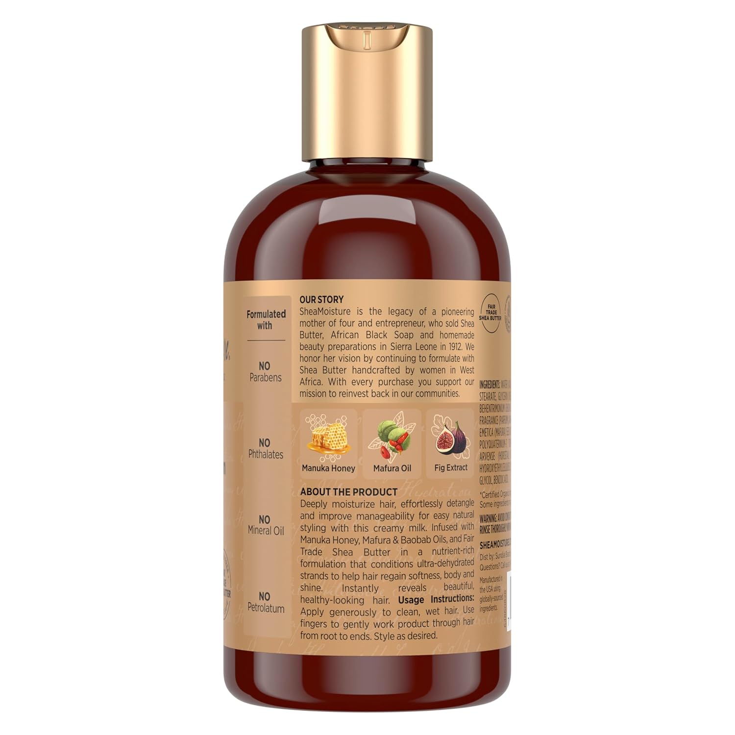 SheaMoisture Manuka Honey and Mafura Oil leave-in conditioner milk 237ml bottle with gold cap