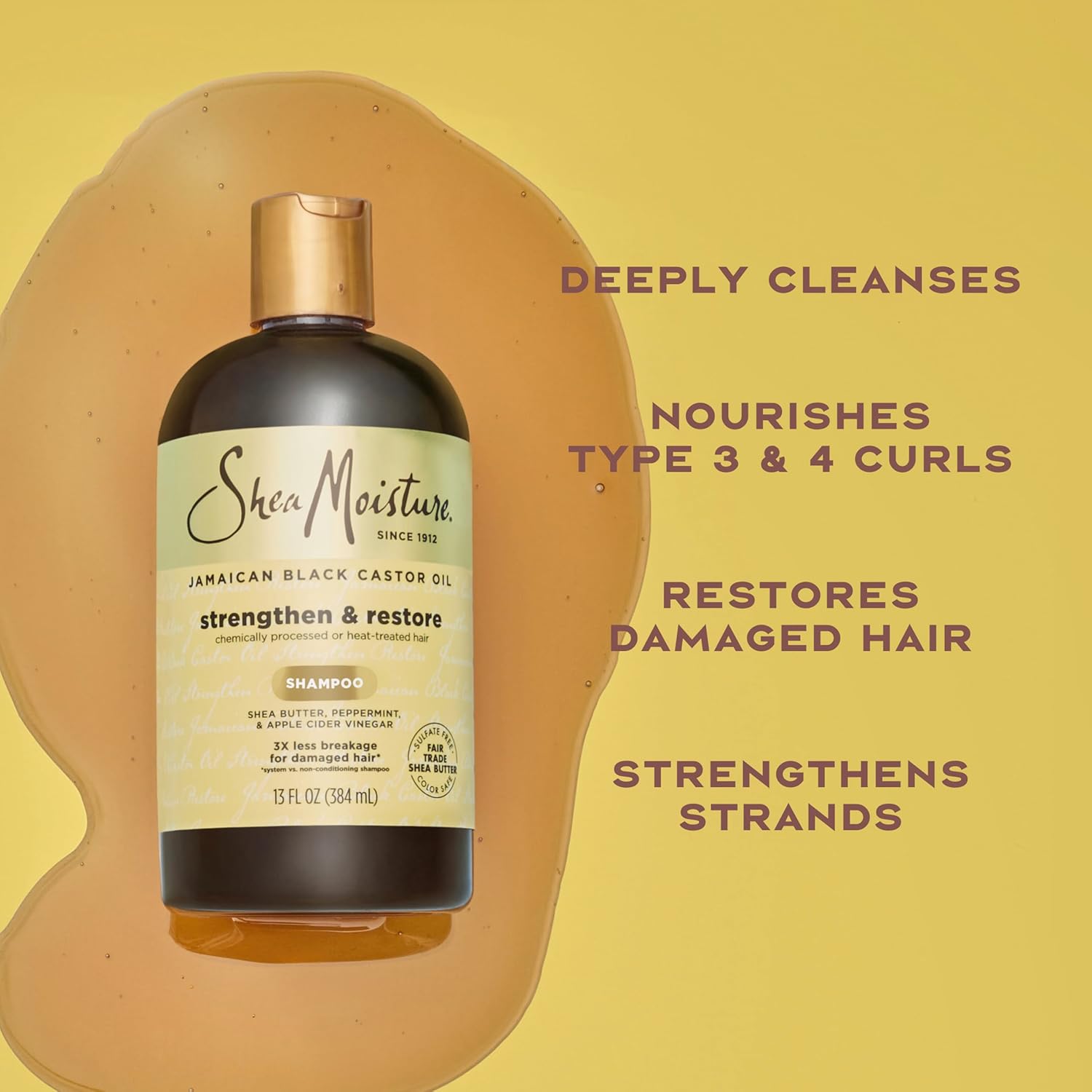SheaMoisture Jamaican Black Castor Oil Strengthen and Restore Shampoo 384ml bottle with gold cap