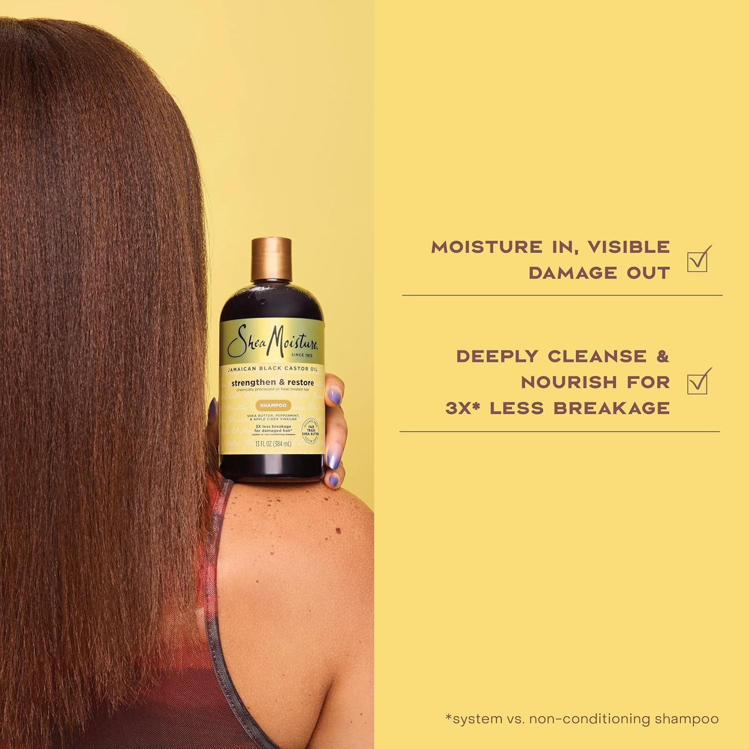 SheaMoisture Jamaican Black Castor Oil Strengthen and Restore Shampoo 384 ml bottle with gold cap