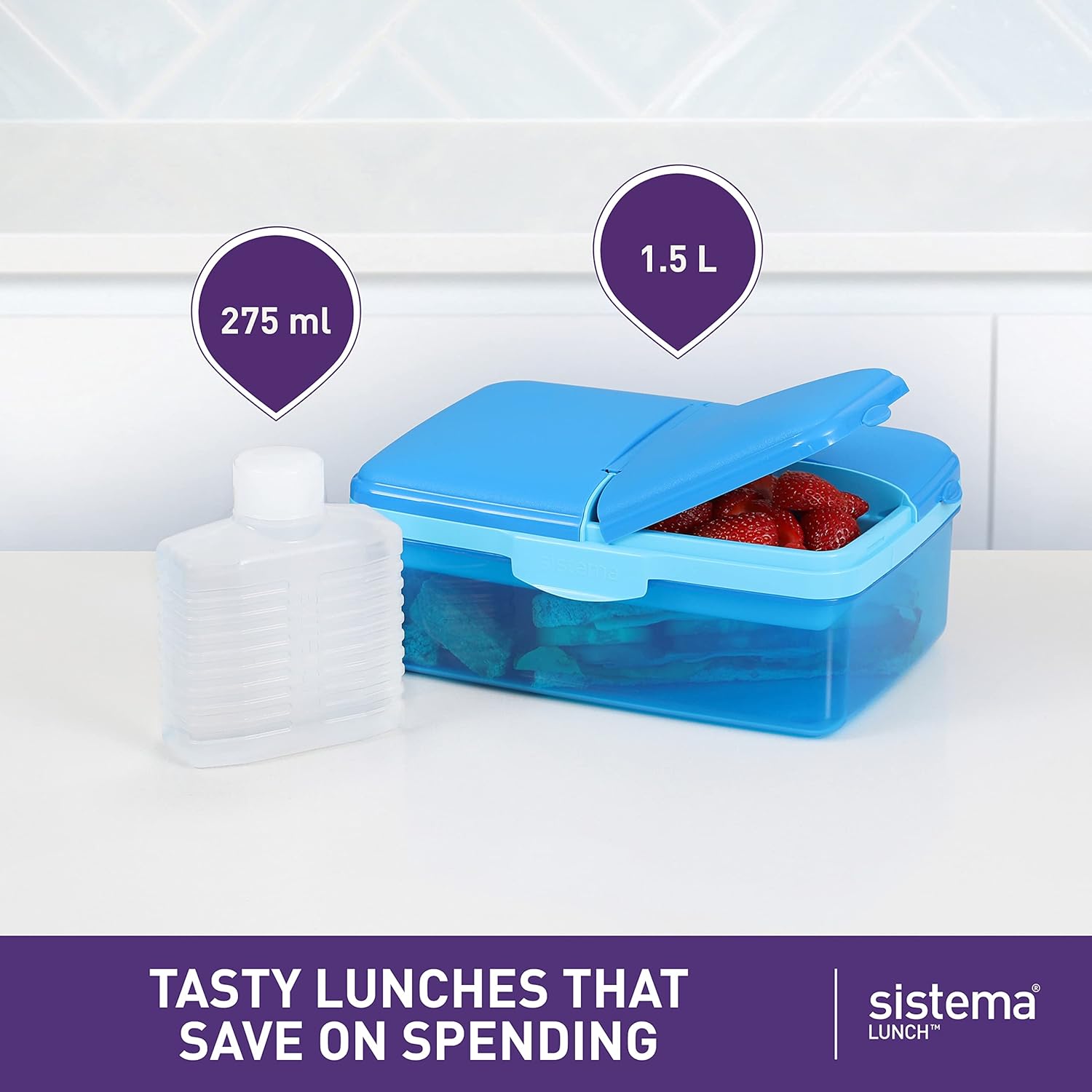 Sistema Slimline Quaddie 1.5L lunch box in blue with ice pack
