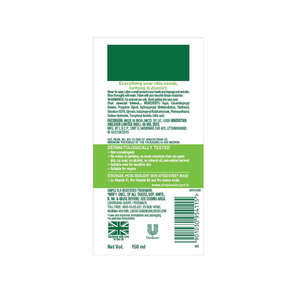 Simple Kind to Skin Refreshing Facial Wash 150ml bottle back label