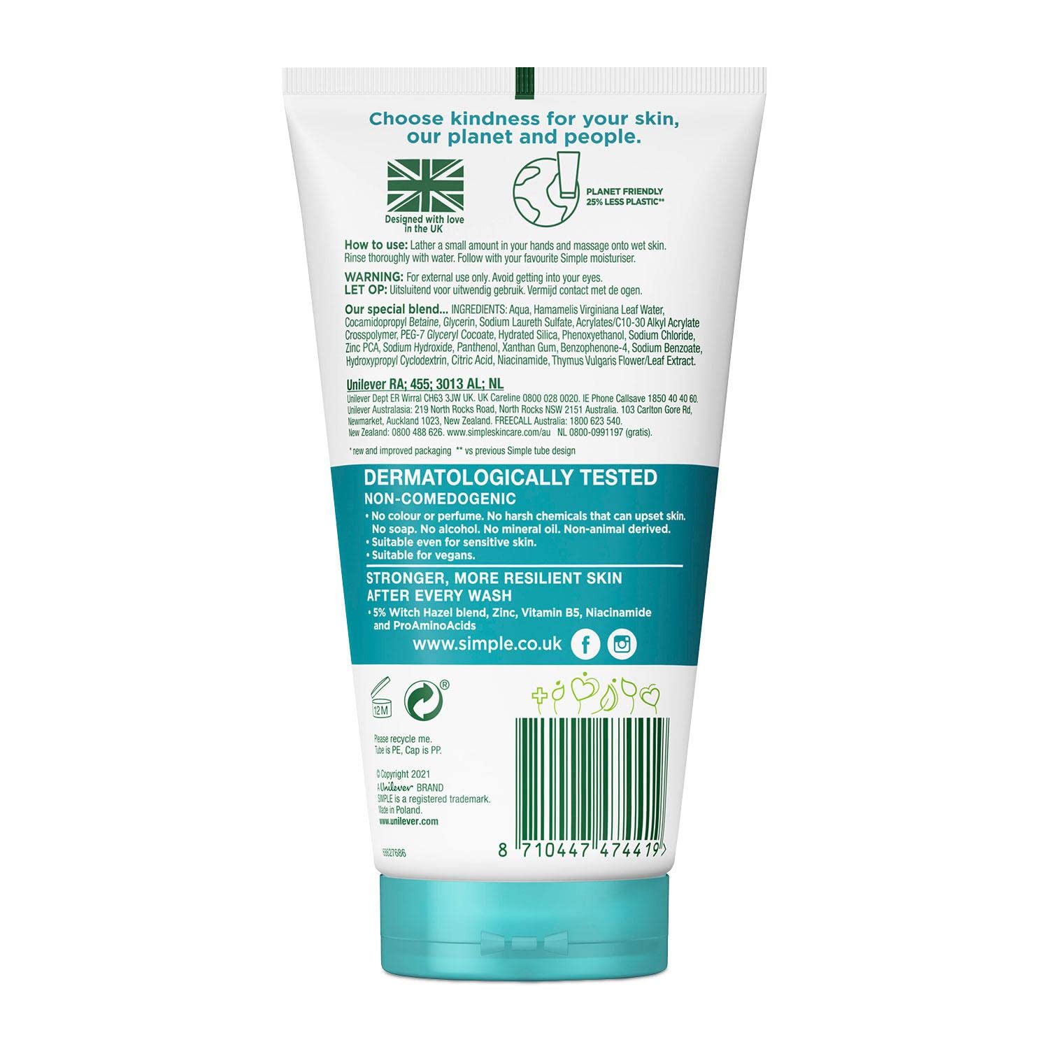 Simple Daily Skin Detox Purifying Gel Facial Wash 150ml tube with teal cap